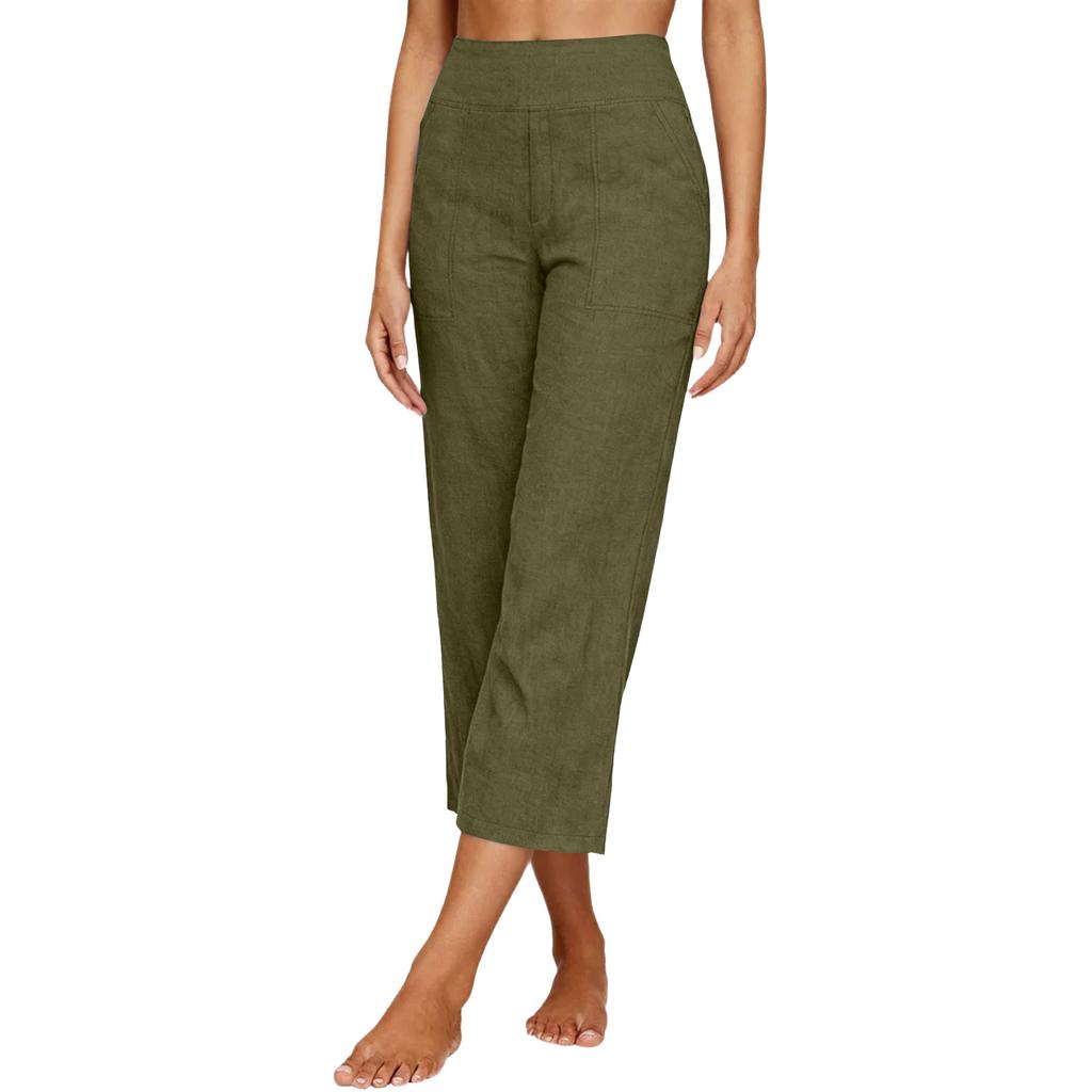 Women's Fashionable Loose-Fit Pocket Cotton-Linen Blend High-Waisted Wide-Leg Pants Casual Cropped Trousers