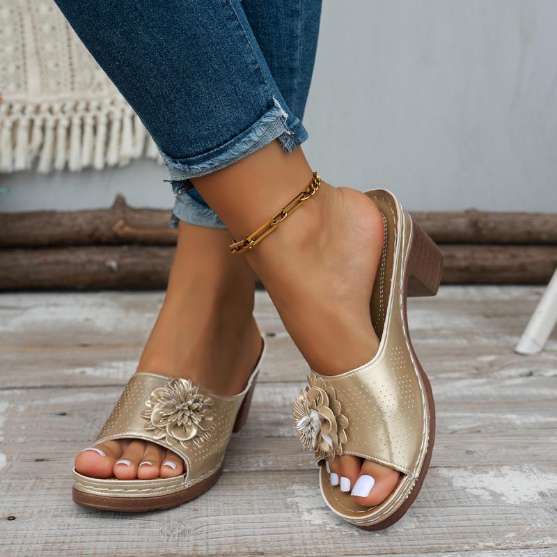 Fashion Vintage Flower Decoration Slip On Sandals Bohemia Breathable Strap High Heels Slippers Women Summer Elegant Soft Sole Slides