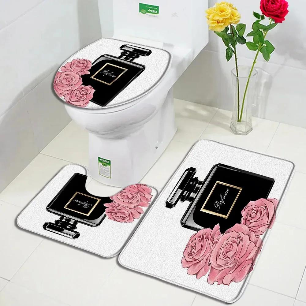 Set Tenda da Doccia Profumo Moda Fiore Rosa Rosa Donna Moderna Ragazza Decorazioni Bagno Casa Tappetino Antiscivolo Tappetino da Bagno Copri Sedile WC