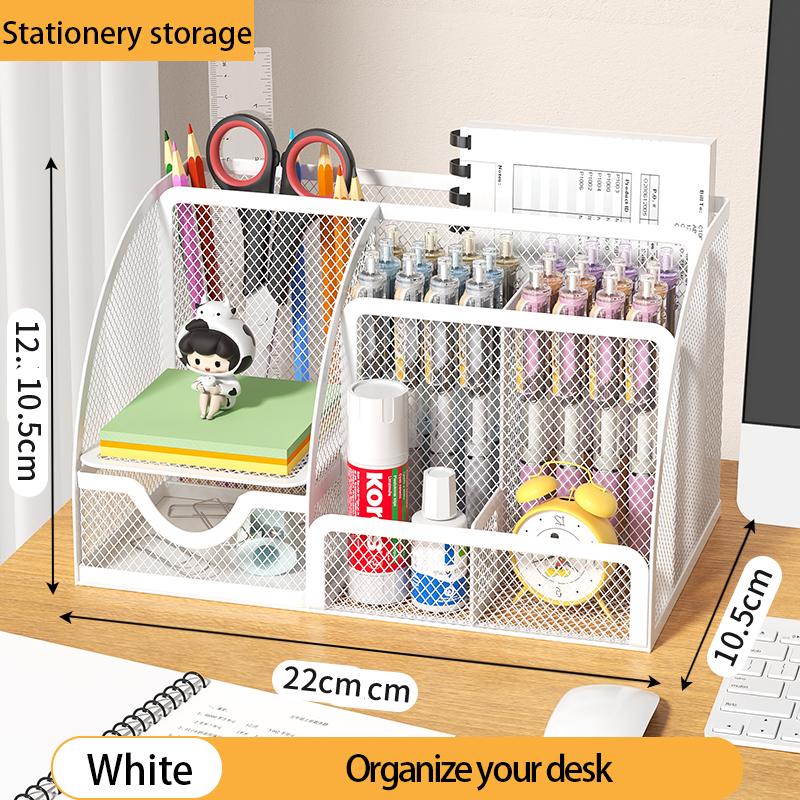 Mesh Pen Holder and Organizer Office Supplies with 7 Compartments, Desktop Organizer with Drawer, Metal Pen Holder for Desk
