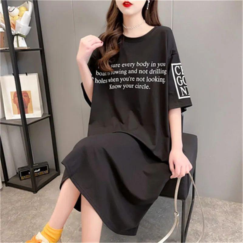 Plus Size Women Summer Short Sleeve Dress Korean Style Loose Mid Dresses Oversized Letter Print Black Dress