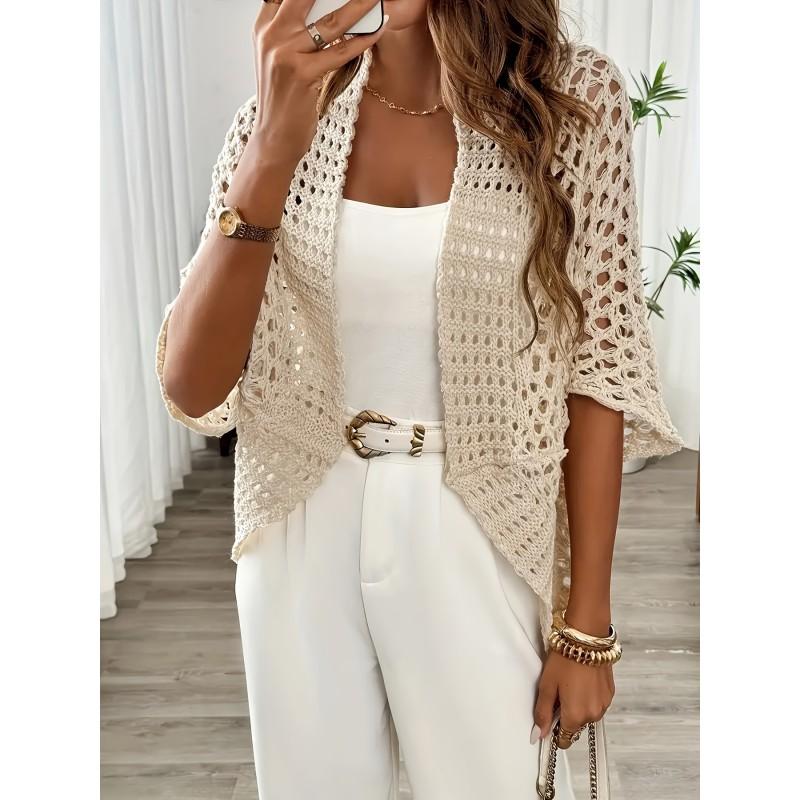 2026 Womens Knit Beach Cover Up Hollow Out Sexy Resort Half Sleeve Sweater