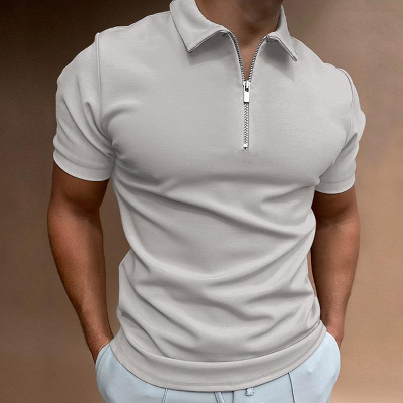 Mens Solid Color Zip Up Short Sleeve Slim Fit Polo Shirt