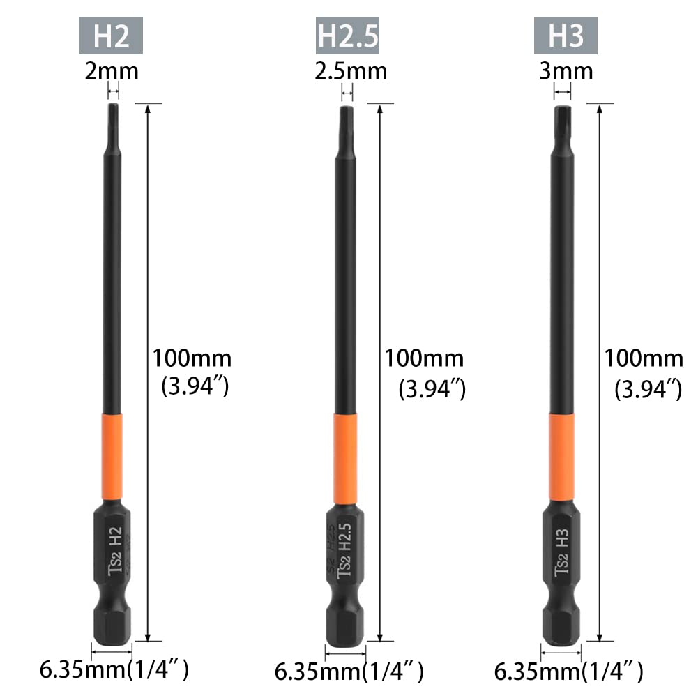 6PCS 100mm Hex Shank Screw Driver Bit Set H2,H2.5 H3 H4 H5 H6 TS2 Steel Magnetic Screwdriver Bits