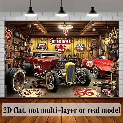 Nostalgic Hot Rod Tapestry, Retro Garage with Red Roadsters, Route 66 and Vintage Signs Wall Decor