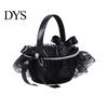 Durable Halloween Basket Black Flower Girl with Handle And Bow, Gothic Satin Lace for Wedding Ceremony, Bridal Party, Home Decor Decorative Masquerade