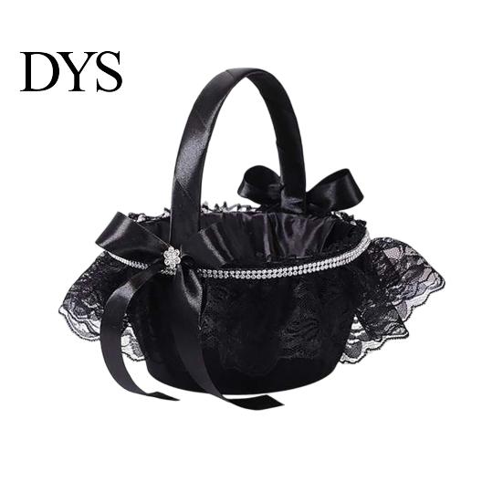 Durable Halloween Basket Black Flower Girl with Handle And Bow, Gothic Satin Lace for Wedding Ceremony, Bridal Party, Home Decor Decorative Masquerade