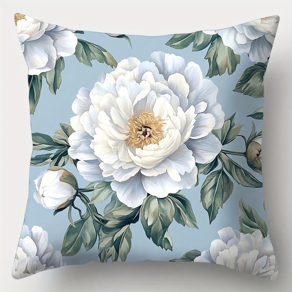 4Pcs Set, Sofa Pillow Cover, Blue Floral Pillowcase, 17.7 Inches * 17.7 Inches, Single-Sided Printing, Home Decoration, Sofa Lum