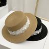 French lace bow hemming straw woven flat top top hat women's summer travel put ultraviolet sunshade big edge straw hat