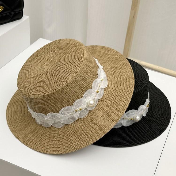 French lace bow hemming straw woven flat top top hat women's summer travel put ultraviolet sunshade big edge straw hat