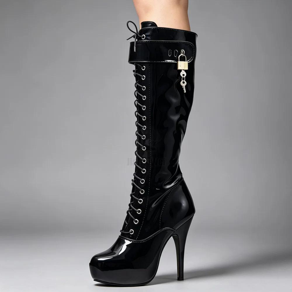 15 cm High Heel Plateaustiefel Damen Kniehohe Lackleder Abschließbare High Heels Sexy Fetisch Party Tanzschuhe
