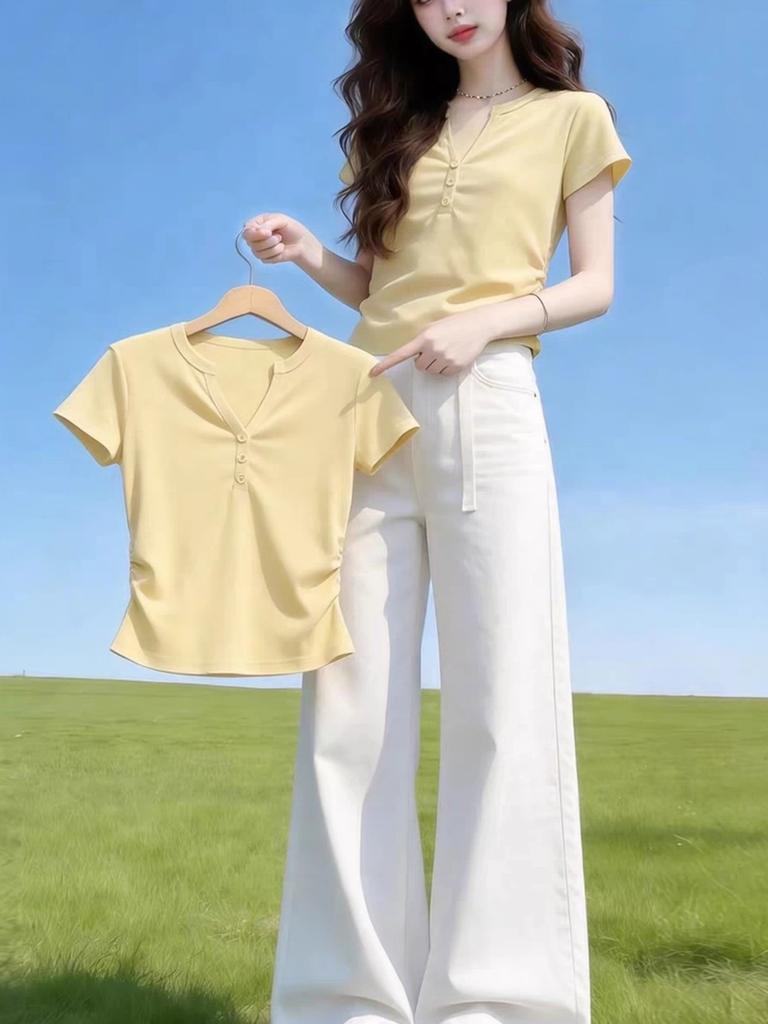 Dopamine Yellow Small Fresh Short-sleeved T-shirt Women's Summer New Korean Fashion Age-reducing Waist and Thin Top