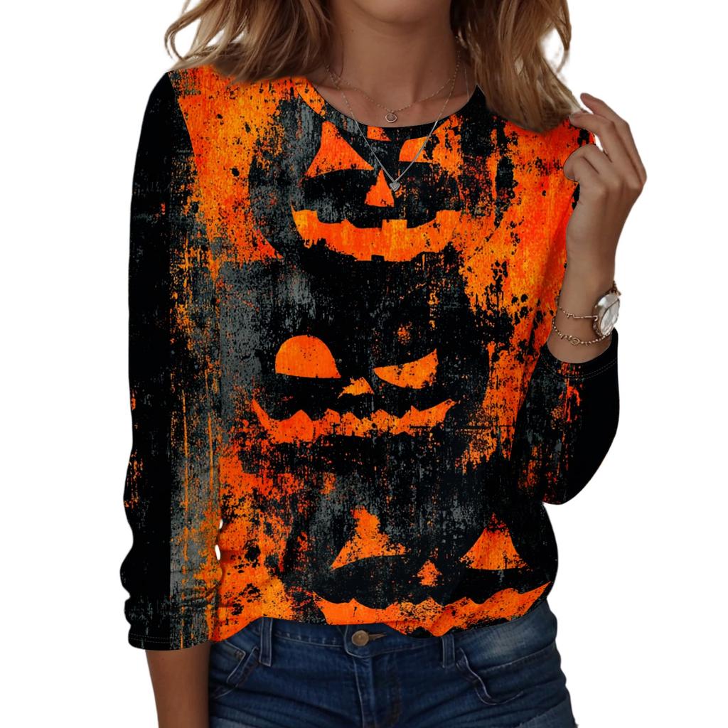 Women's Fashion Casual Long Sleeve Halloween Print Pullover Sweatshirt Crew Neck Top for Fall Seasonal Wear