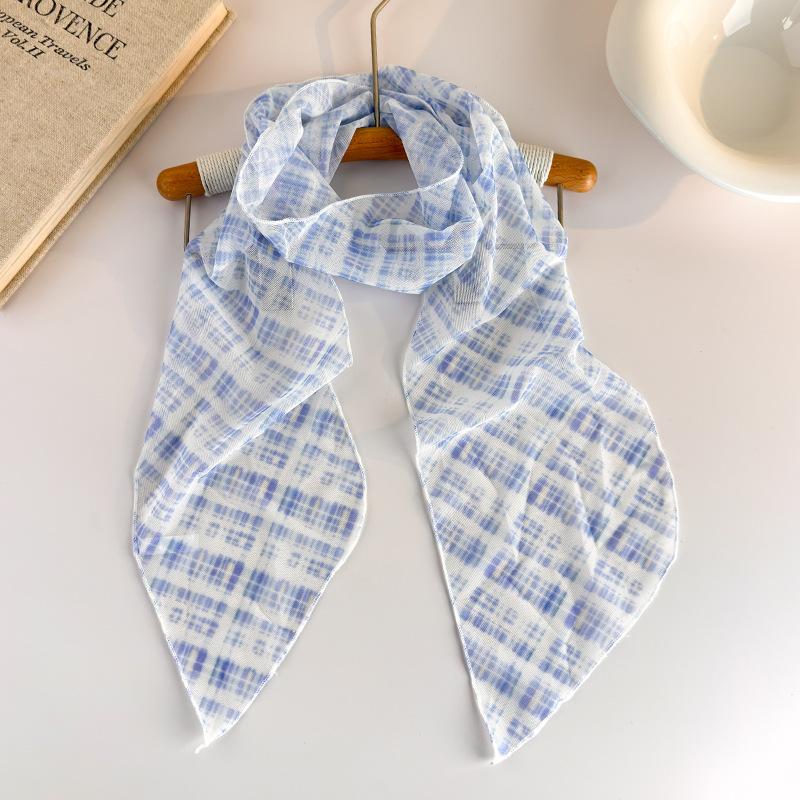 Korean Long Scarves Plaid Floral Print Lightweight Lace Mesh Scarf Versatile Neck Accessory Hair Scarf Neckerchief