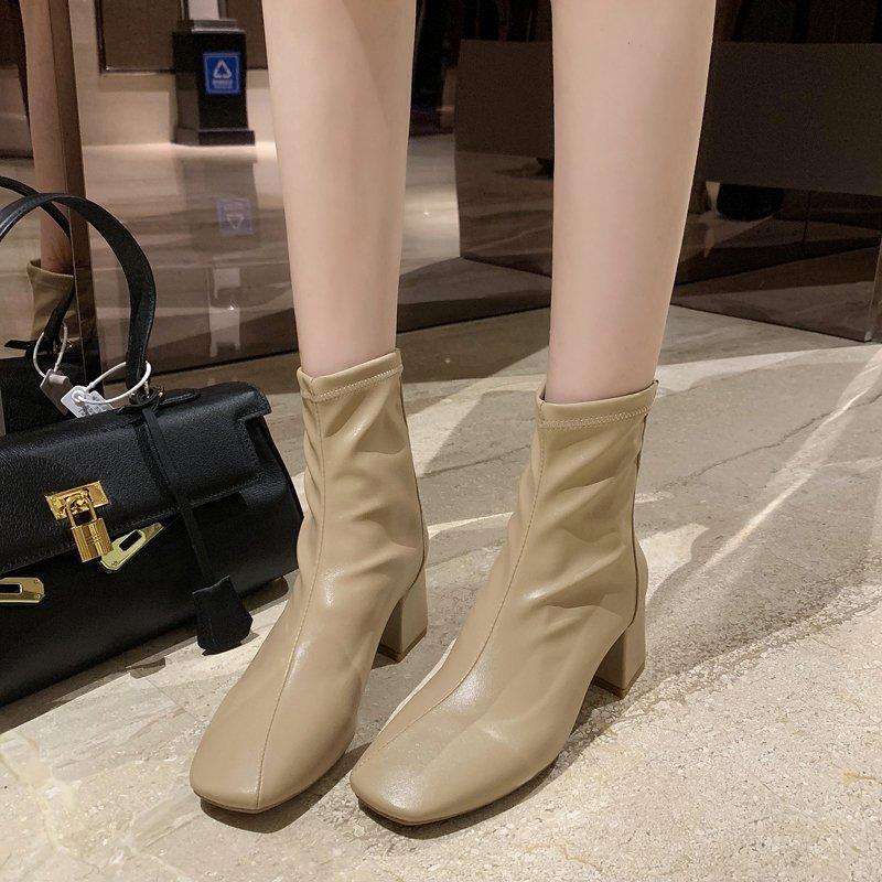 Stylish Square Heel Single Boots Women's Square Toe Rear Zip Anti-Slip Wear-Resistant Block Heel Short Boots