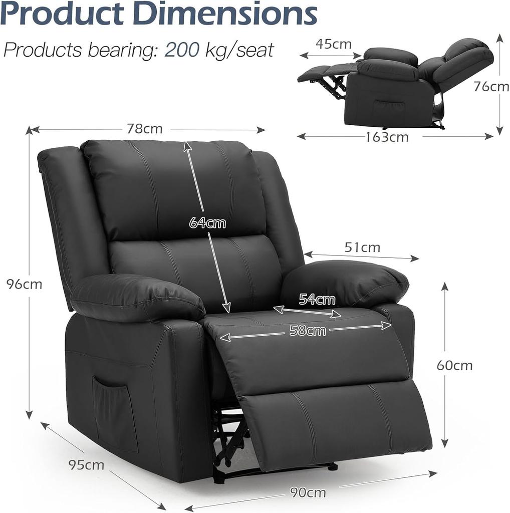 YODOLLA Ergonomic Recliner Chair – Adjustable TV Chair with Footrest , Modern Faux Leather, Manual Controls & Side Pockets (Black)