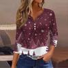 Women's Fashion Casual Christmas Tree Print V-Neck Decorative Button Three-Quarter Sleeve T-Shirt Top