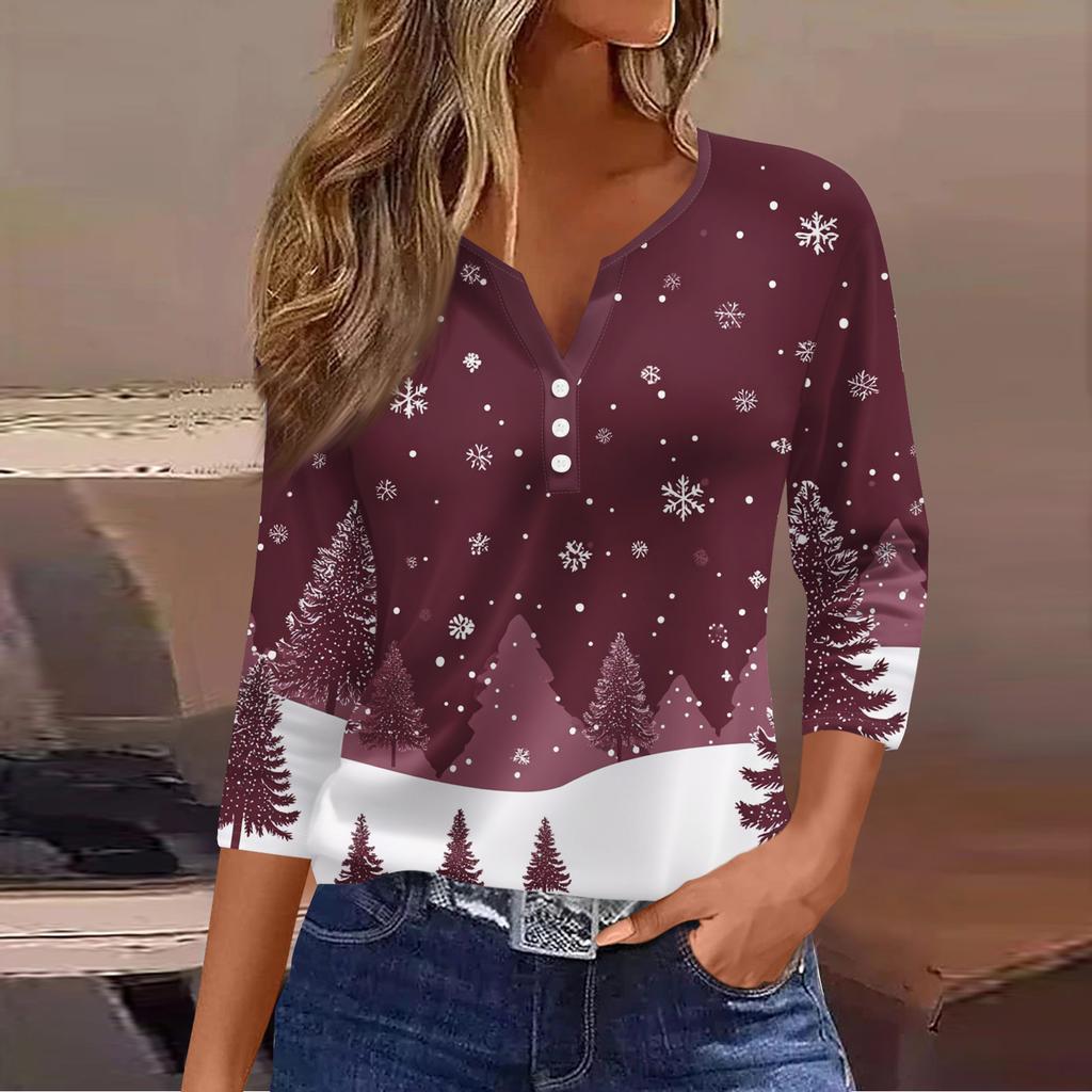 Women's Fashion Casual Christmas Tree Print V-Neck Decorative Button Three-Quarter Sleeve T-Shirt Top