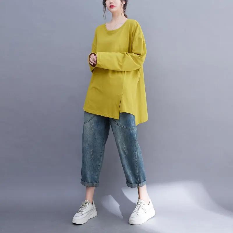 

Повседневная футболка свободного кроя, скрывающая недостатки фигуры, с длинным рукавом, базовая, топ, весна и осень, новинка, средней длины 3XL жёлтый