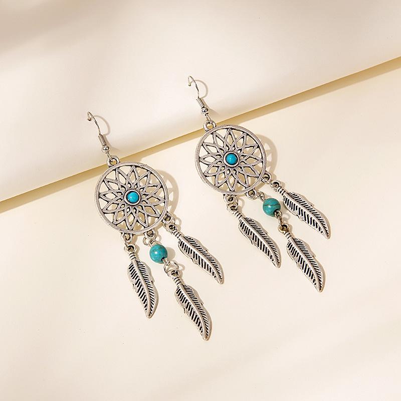 Turquoise Dreamcatcher Tassel Stud Earrings: Elegant Leaf Design, Hot-Selling Hollow Style for Women