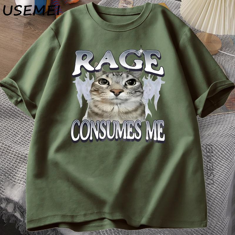Rage Consumes Me Cat T Shirt Funny Cat Meme Printed TShirt Vintage Unhinged Silly Cat Graphic Tee Humor Cotton Short Sleeve Tee