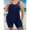 Plus Size Modest Tankini Set, Women's Plus Graphic Print Round Neck Tank Top & Shorts Swimsuit 2 Piece Set