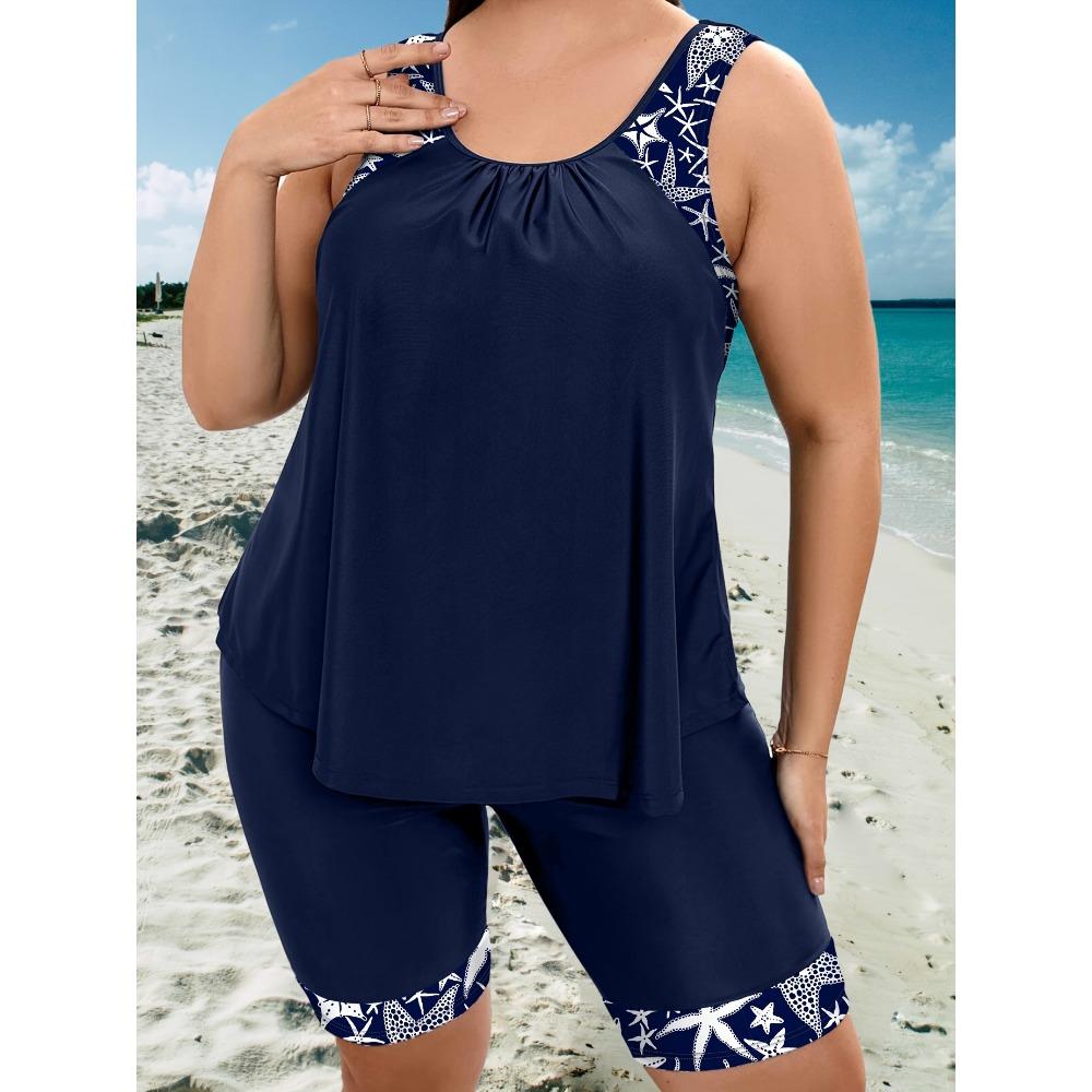 Plus Size Modest Tankini Set, Women's Plus Graphic Print Round Neck Tank Top & Shorts Swimsuit 2 Piece Set