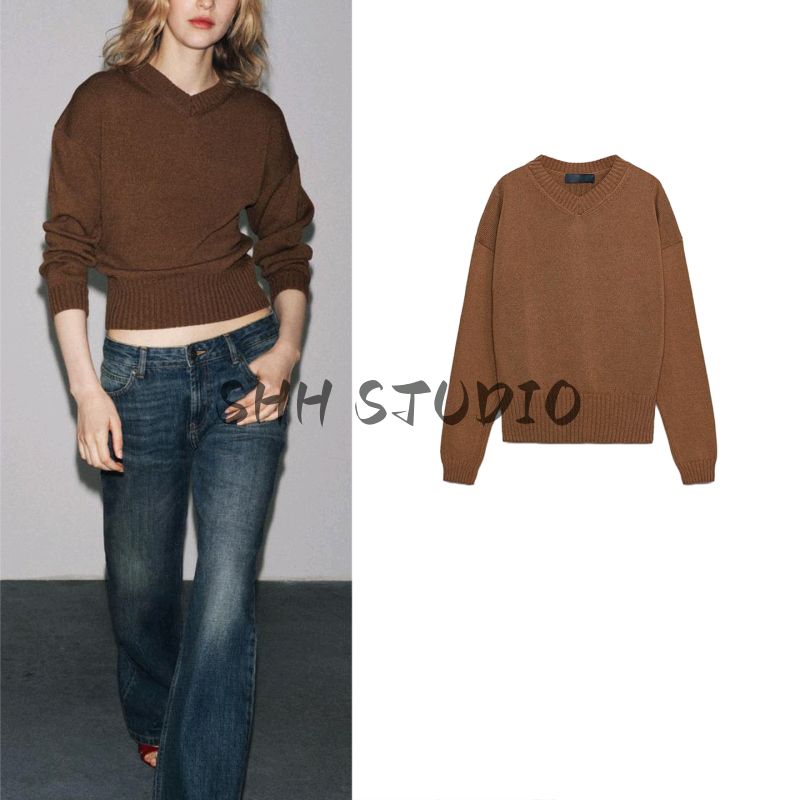 Fall Women's Clothing Idle Style Rib Trim Pure Color Simple Waist Fitted V-neck Long-Sleeve Knitwear 6771140