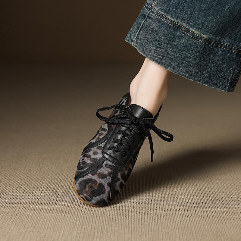 Fashion 2025 Fashion Mesh Leopard Lace Up Flat Shoes Casual Shoes Comfort Spring Summer Round Toe Casual Shoes Pumps Women Flat Pumps