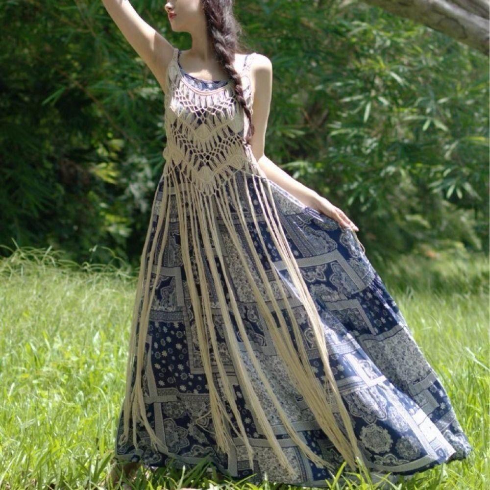 Polyester Fibre Beach Dress Bohemian Style Tassel Vest Elegant Knit Gown Beach Vacation
