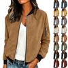 Women's Casual Suede Zip Up Jacket Lightweight Bomber Style Long Sleeve Outerwear with Ribbed Cuffs and Hem for Everyday Wear
