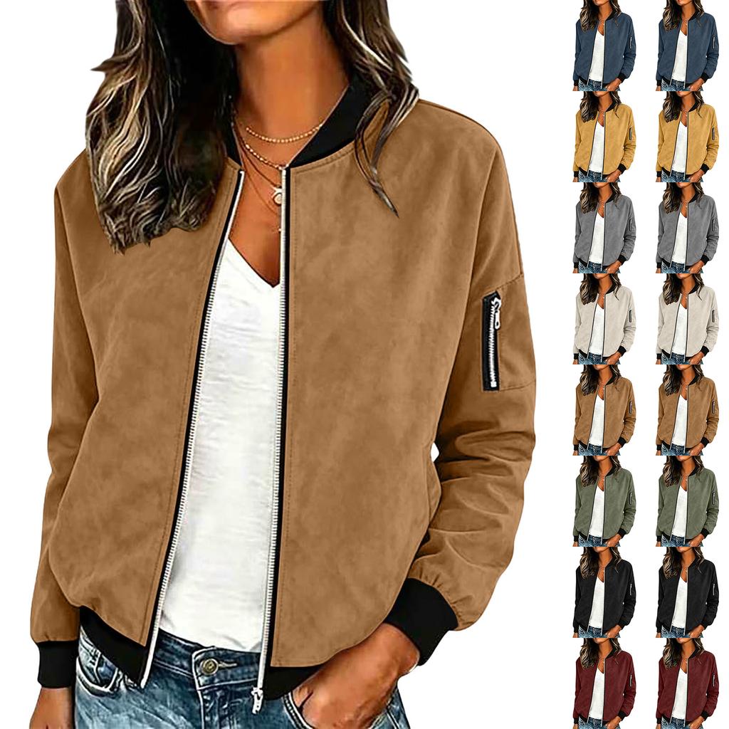Women's Casual Suede Zip Up Jacket Lightweight Bomber Style Long Sleeve Outerwear with Ribbed Cuffs and Hem for Everyday Wear