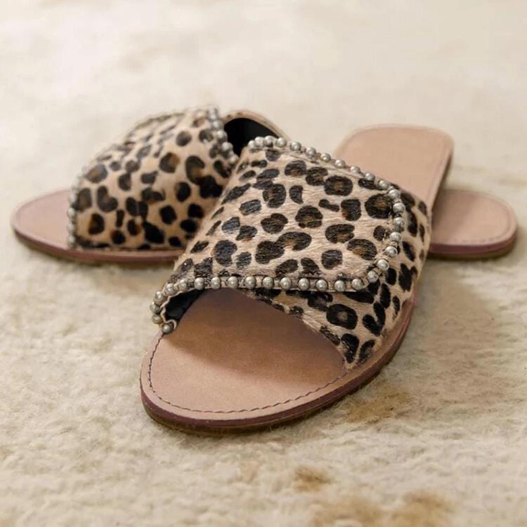 Women's Ladies Fashion Casual Flat Leopard Shoes Slippers Peep Toe Sandals