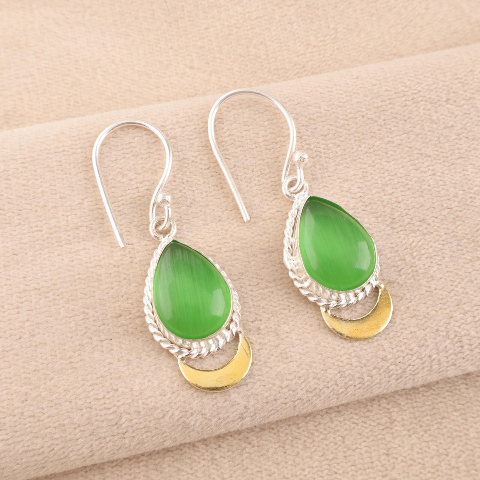 

Зеленый камень Кошачий глаз Ювелирные изделия из серебра 925 пробы Ручная работа Серьги 1,5 Для нее EE-162-35