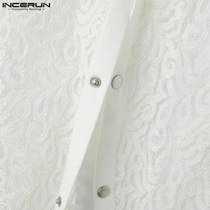 INCERUN Men Short Sleeve Front Lace See Through Sheer Tops Summer T-shirts