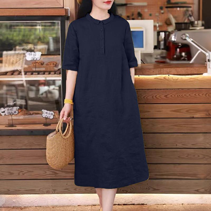ZANZEA Women Summer Casual Solid Color Loose Short Sleeve Dress