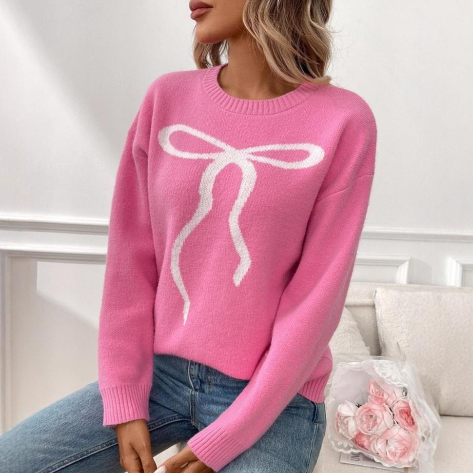 Spring and Autumn Cute Casual Bow Printed Round Neck Women's Sweaters