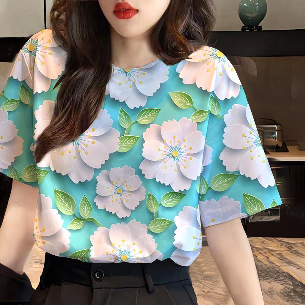 Summer Beautiful Flower 3D Print T-shirts Women Streetwear Fashion Casual Y2k Short Sleeve T Shirt O-neck Tees Tops Clothing