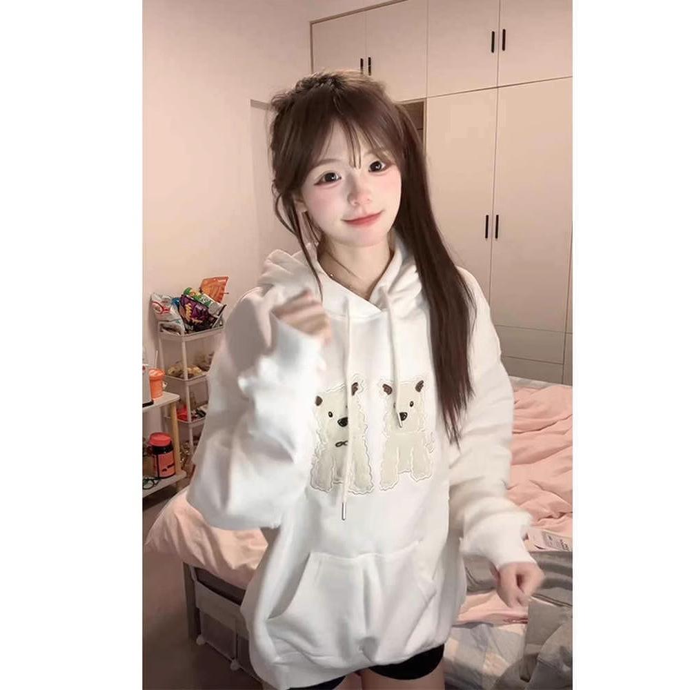 2025 Spring and Autumn Plush Patch Embroidered Hooded Sweater Women's American High Street Loose College Style Casual Jacket