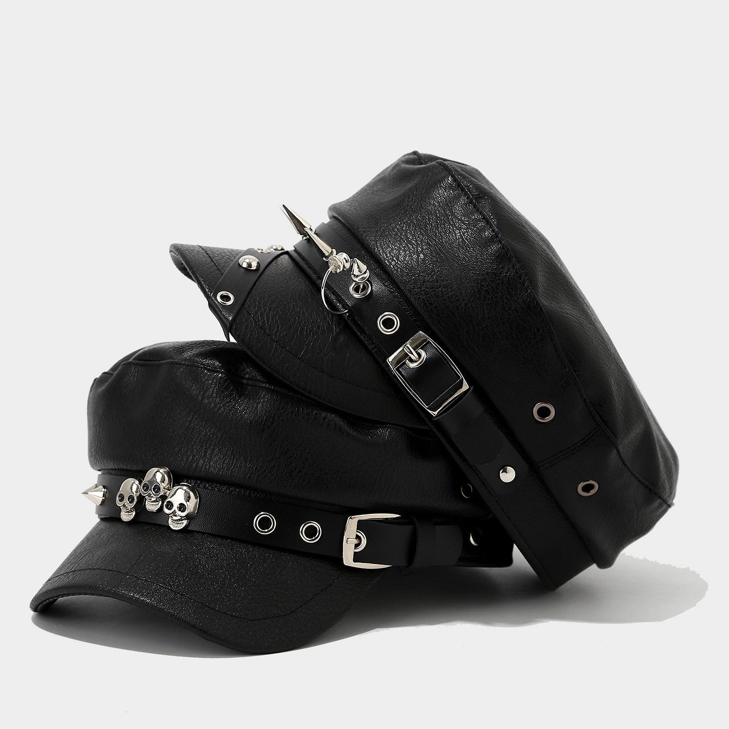 My Extreme Outdoor Activities Men's Black Trendy Punk Style Long-Rivet Military Hats For And Wo Fashionable Pu Leather Hip-Hop Flat-Top Hat Vintage Navy Army Cap 56-58Cm