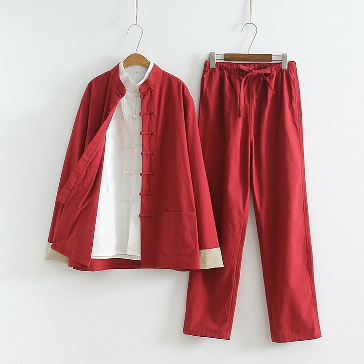 Herren Chinesischer Tang-Anzug: Frühlings-/Herbst-Baumwoll-Leinen-Set mit Froschknöpfen - Retro Mönch Teezeremonie Hanfu Robe.