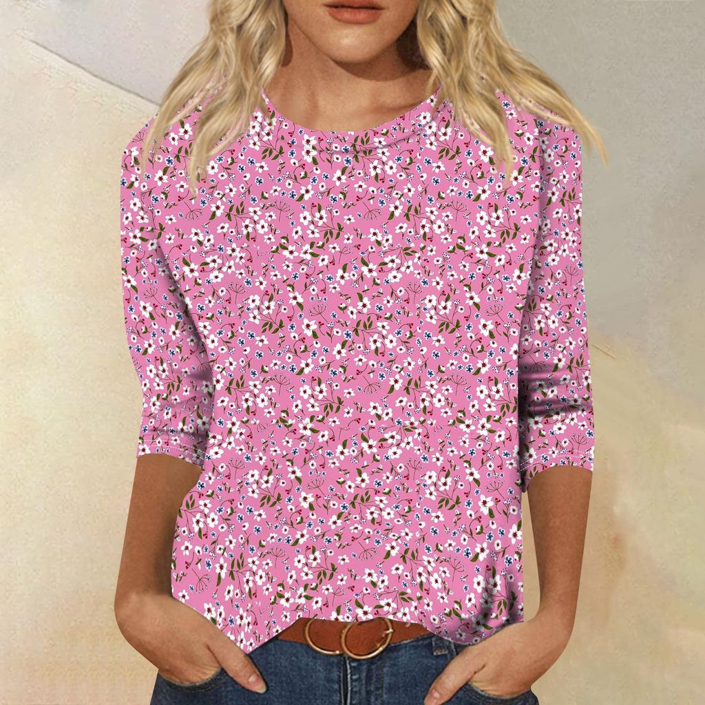 Women's Casual Round Neck Three Quarter Sleeve Floral Print Top Lightweight Soft Fabric Comfortable Fit