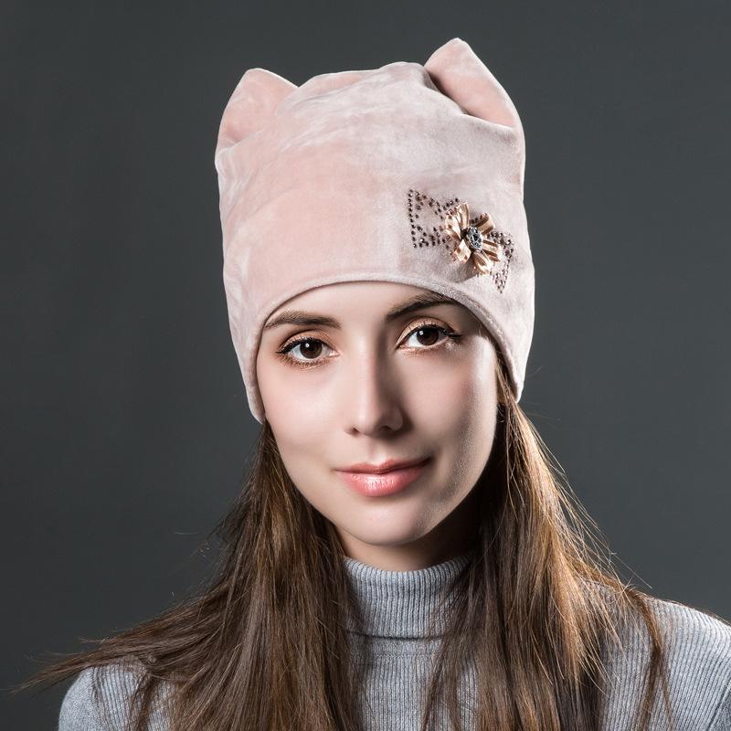 Inverno feminino veludo dourado pulôver orelha de gato quente bonito flor diamante dupla camada chapéu de malha