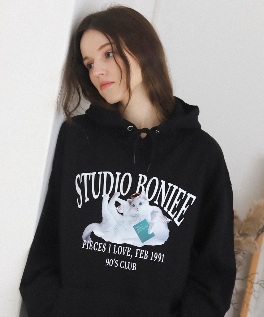 [Fleece Lined Selection] Angel Cat Graphic Oversized Hoodie Black