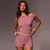 Women's Striped Knit 2 Piece Set Asymmetrical Off Shoulder Top and Shorts Slim Fit Summer Outfit