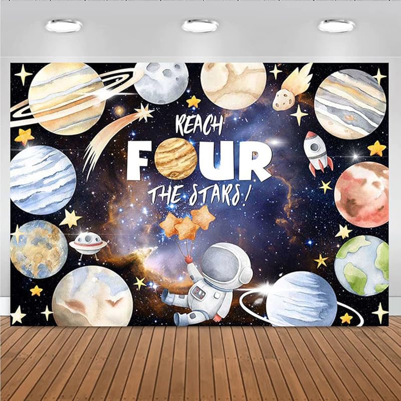 Reach Four The Stars Space Theme Children Birthday Background 4th Birthday Party Kids Astronaut Themed Birthday Party Decoration Boy Girl Birthday 5X3FT