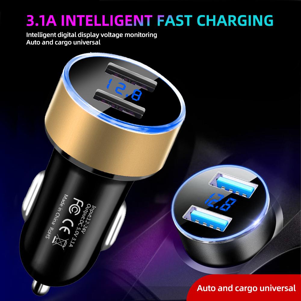 Universal 12V-24V Fast Dual USB Car Charger Adapter with LED Voltage Display 3.1A Car Phone Charger