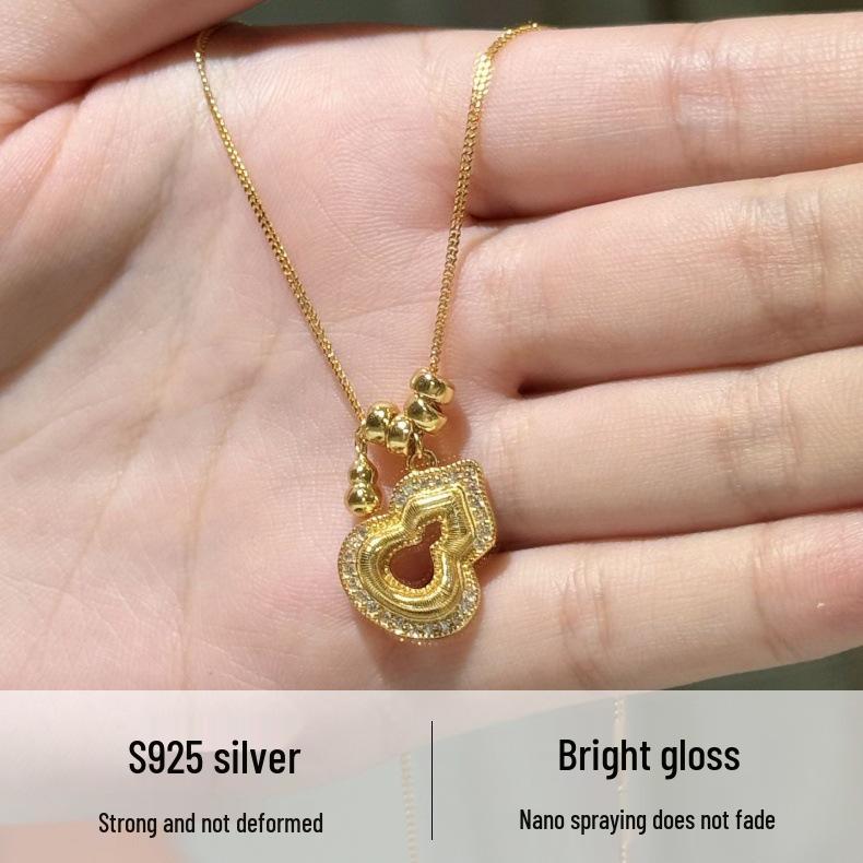 Exquisite S925 Sterling Silver Zircon Gourd Necklace for Women - Luxury Brushed Clavicle Chain