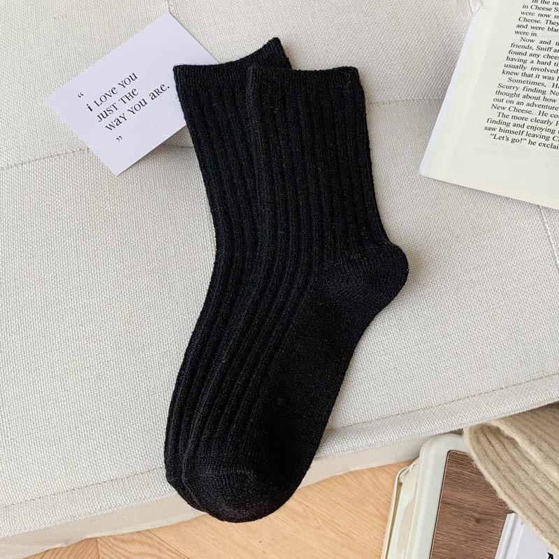 Women's Japanese Style Wool Socks, Thick Mid-Calf, Solid Color, Versatile, Warm for Autumn & Winter