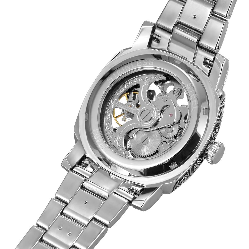 BOLYTE Skeleton Mechanical Square Vintage Engraved Steel Bracelet Deployant Retro Gift for Silver Men's Watch, Automatic, Case, & Clasp, Him,